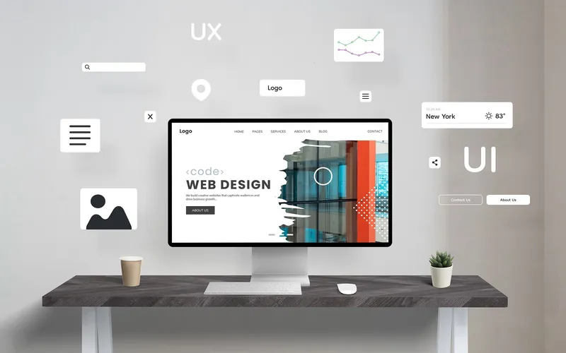 Website design company in Hyderabad: responsive business website on a desktop screen with UI elements